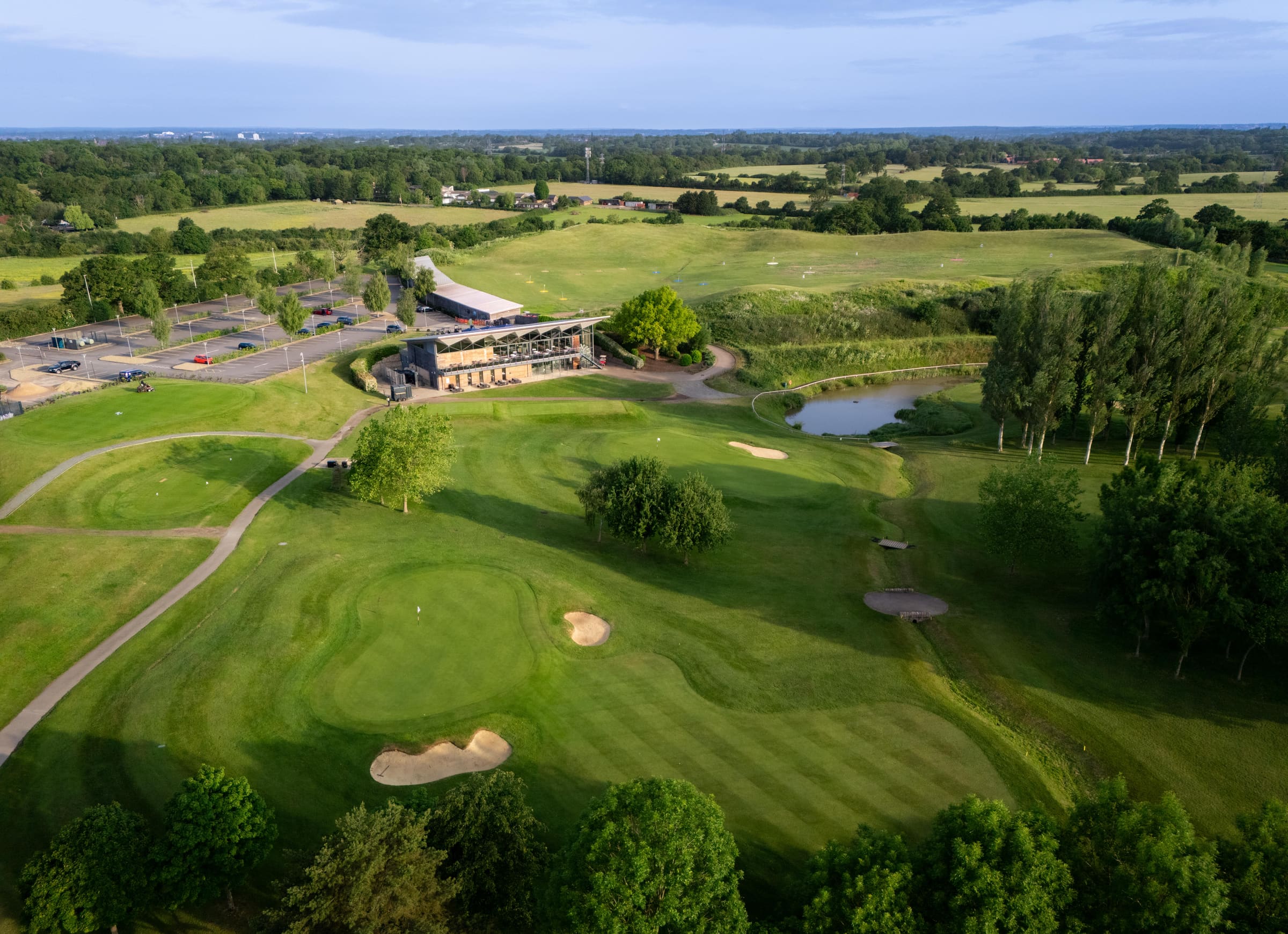 Aerial view of The Hertsmere course and clubhouse